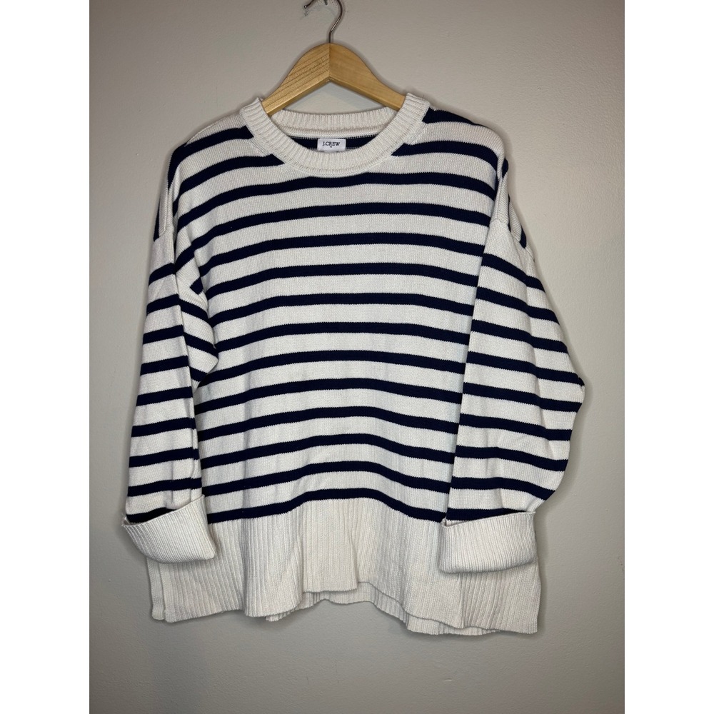 J.Crew Womens Navy Blue White Striped Cotton Crewneck Sweater Large Nautical
